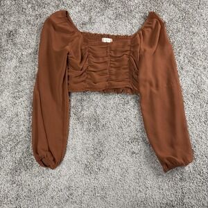 Altered State Womens Blouse Medium Brown Ruched‎ Crop Top Long Sleeve Boho